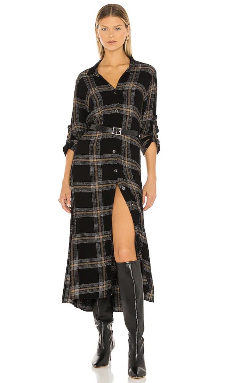 Cloth Stone Rayon Hi Low Roll Tab Sleeve Midi Button Shirt Dress Black Plaid XS