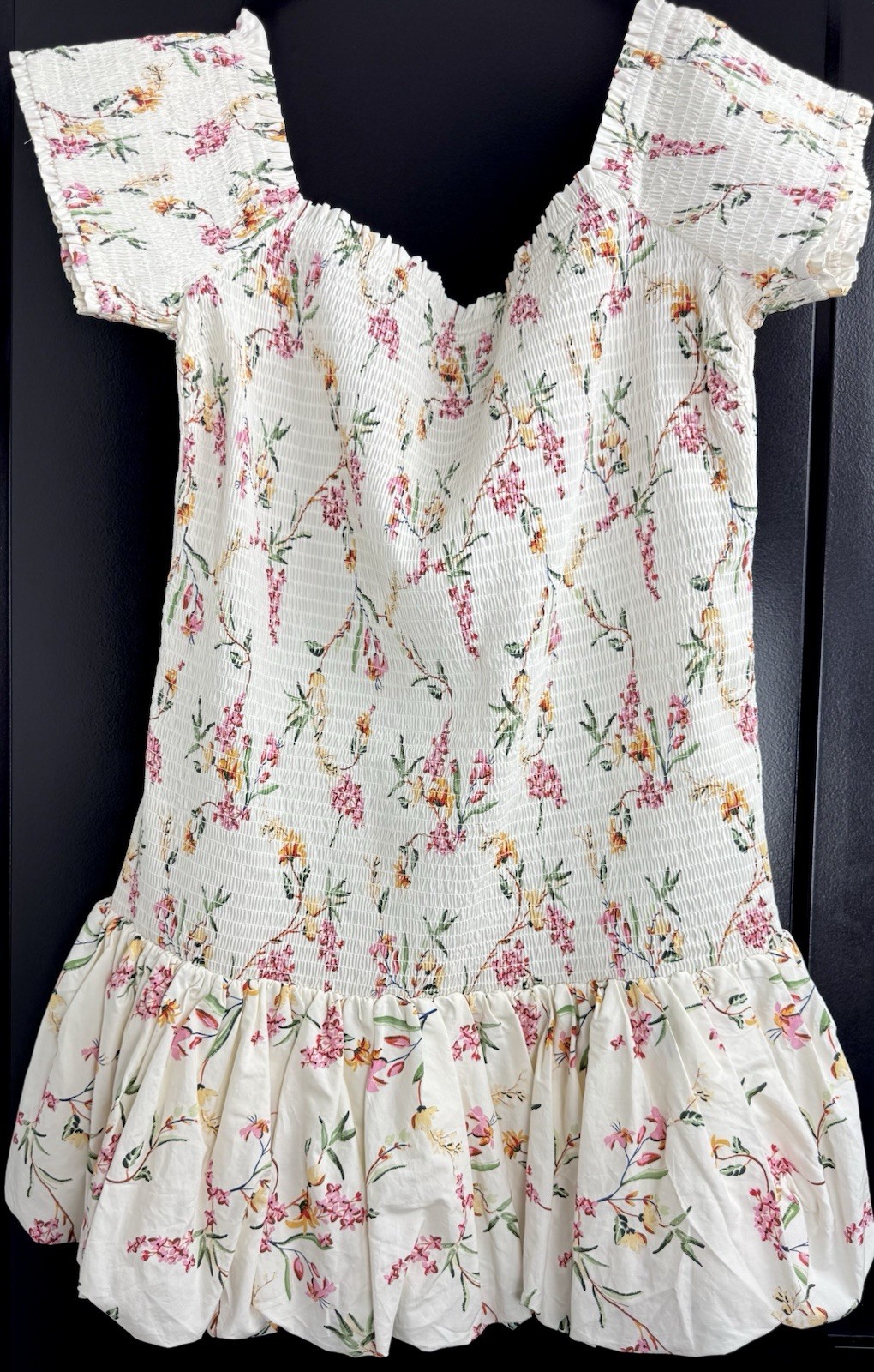 H&M Womens Floral Smocked Dress with Bubble Hem in Ivory Pink Size XL