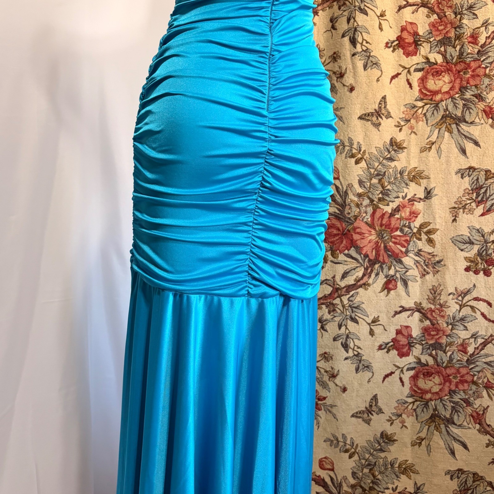 CITY TRIANGLES Turquoise Beaded Halter Ruched mermaid style gown silver detail