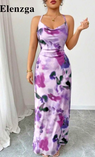 Elenzga Women’s Pleated Spaghetti Strap Long Dress Purple Tie-Dye Maxi Size L