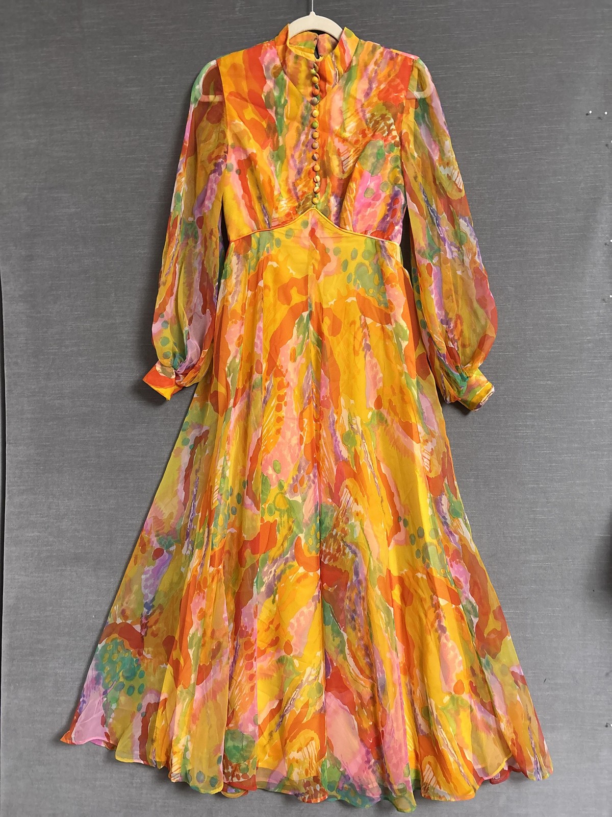 Vintage Jack Bryan Dress XS 70s Watercolor Chiffon Maxi Hostess Gown Psychedelic