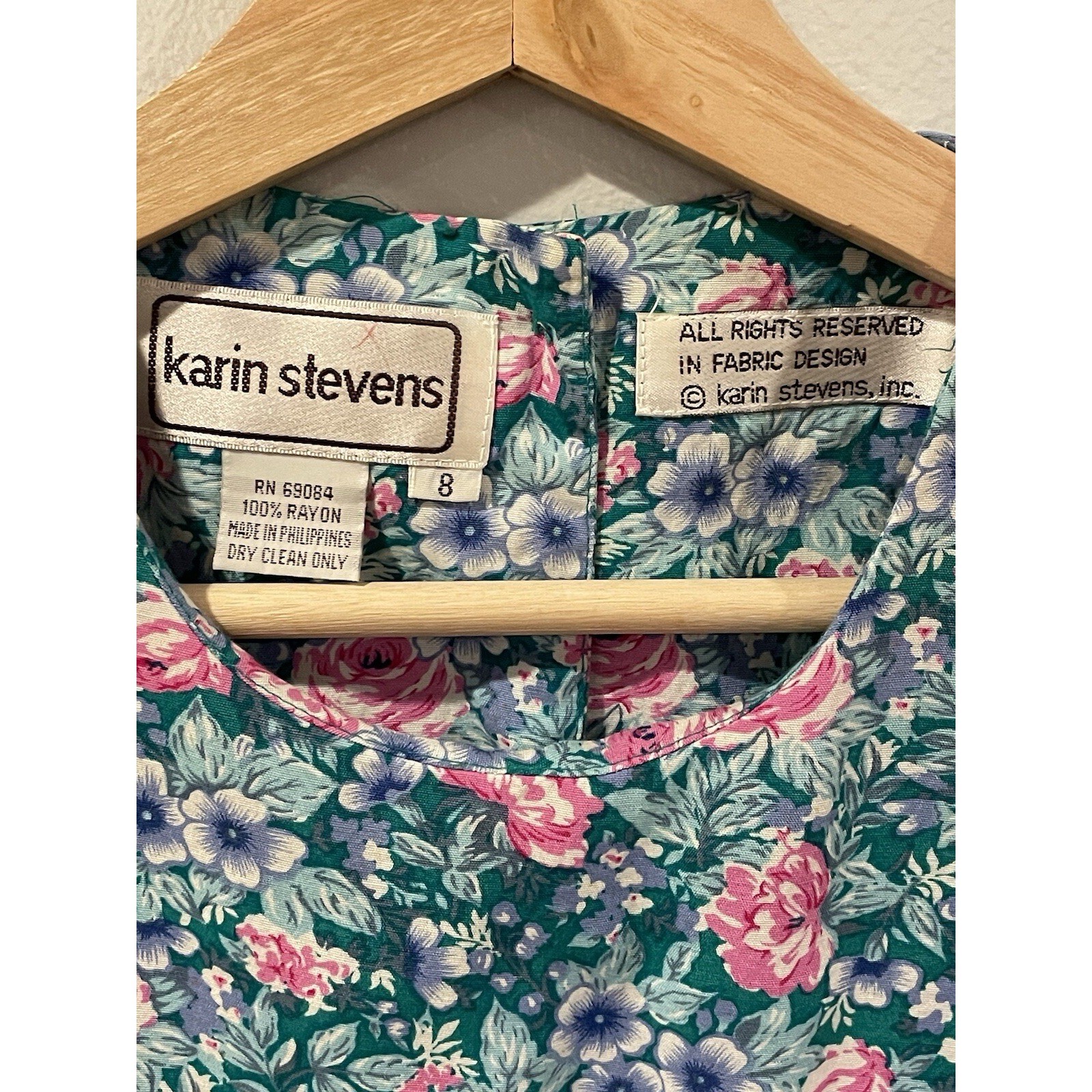 Vintage 80’s Karin Stevens Dress Size 8 Green Floral Cottagecore Retro Prairie