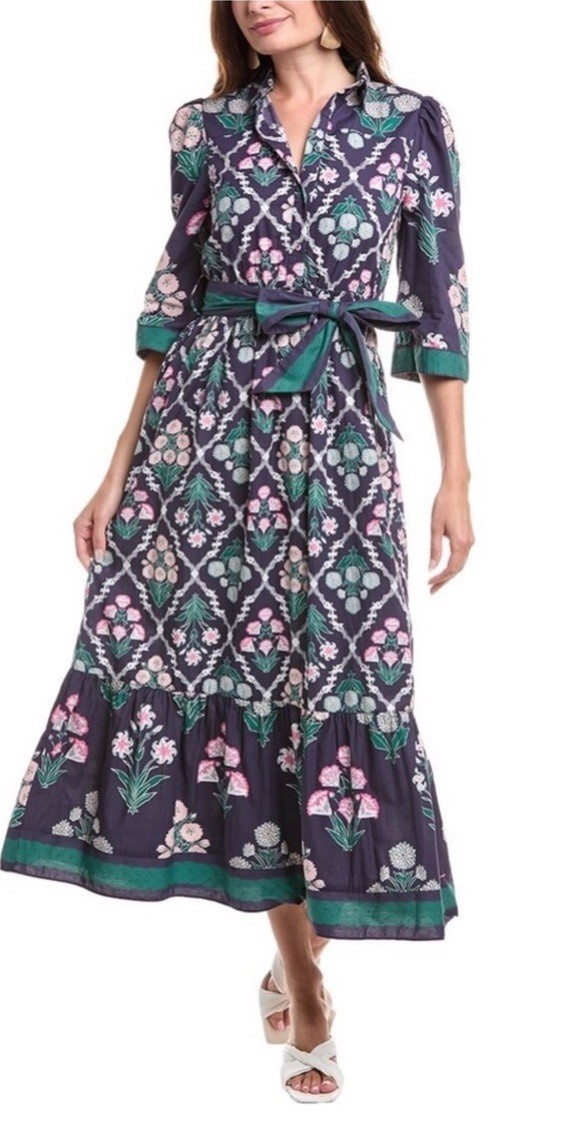 Celina Moon Medium 3/4 Sleeve Navy Blue Green Floral Maxi Summer NWT