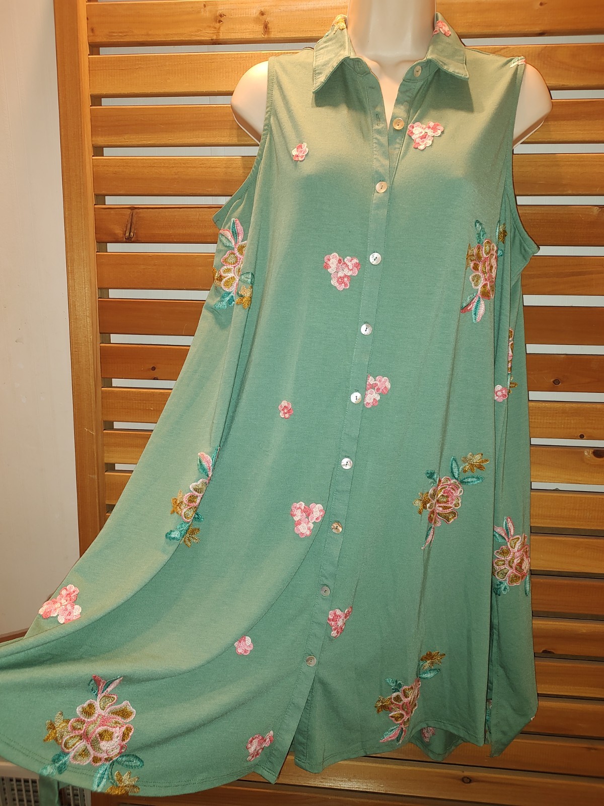 Green Flare Swing Fig & Flower Medium DRESS Stretch Prairie Roses Casual Beauty