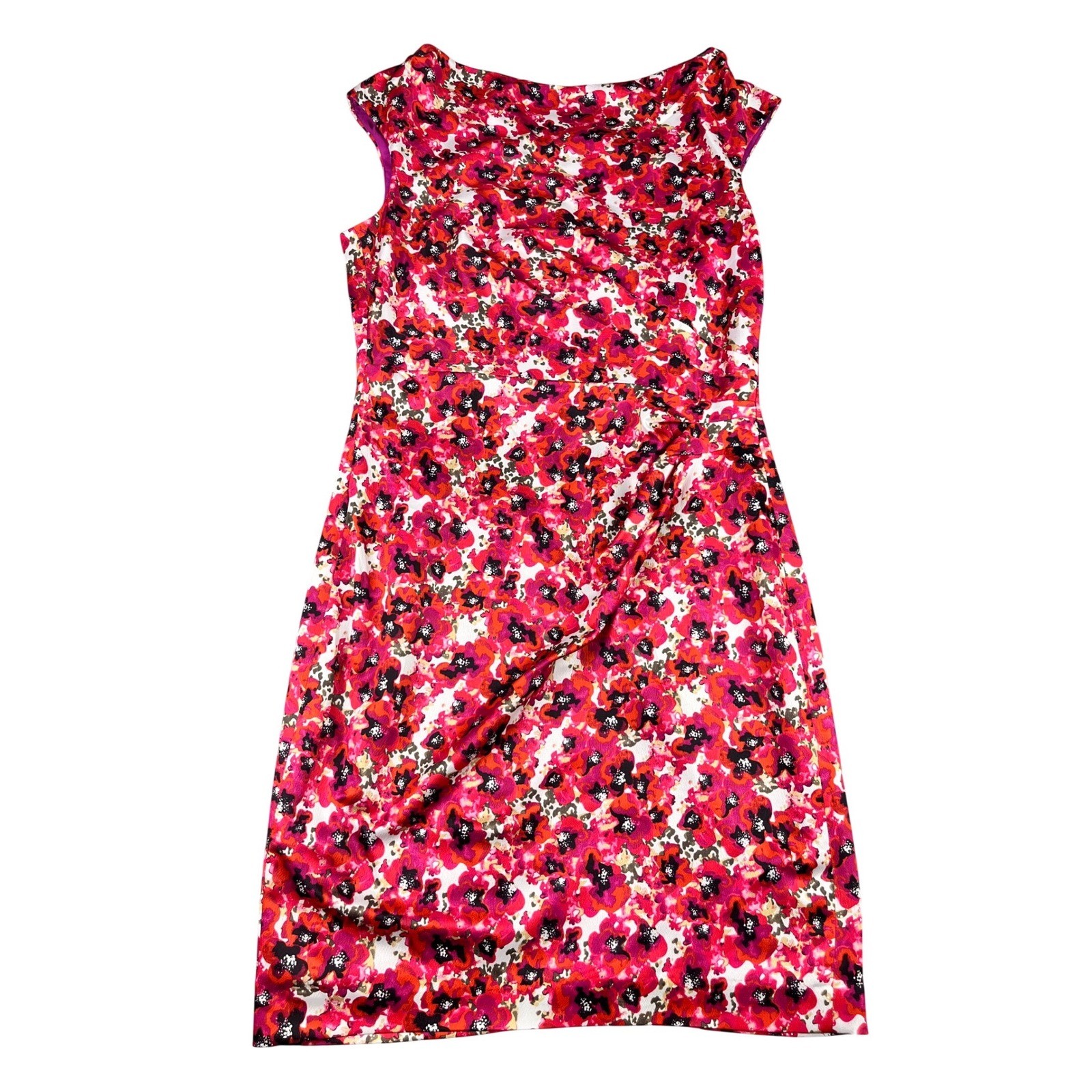 Ann Taylor Floral Sheath Dress Red Pink Poppy Boat Neck Ruched Size 10 New $128