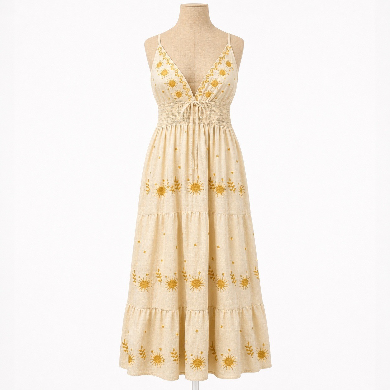 Celestial Embroidered Sun Star Babydoll Peasant Maxi Dress Sz S Boho Cottagecore