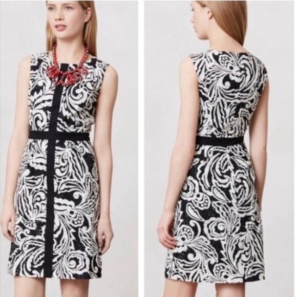ANTHROPOLOGIE Tabitha Black White Floral A-Line Sheath Cotton Dress Size 2