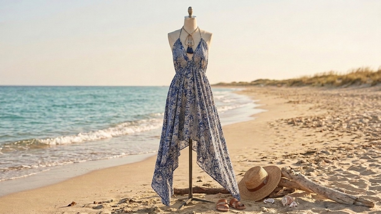 Paani Boho Paisley Floral Halter Maxi Dress Gray Blue Tassel Size M Beach Cruise