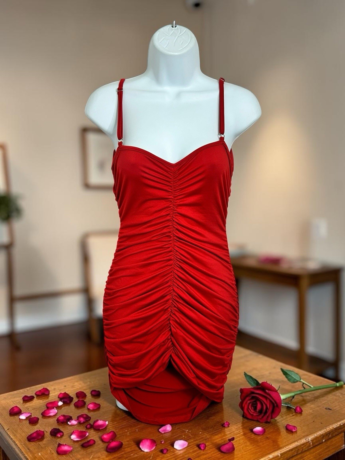Red Ruched Mini Dress Sz Small Sleeveless Stretch Fitted Party Semi Open Back