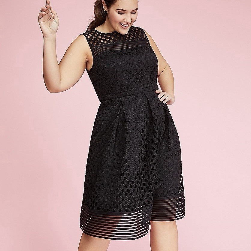 Lane Bryant Womens Plus Size 20 Black Circle Eyelet Fit & Flare Pleated Dress