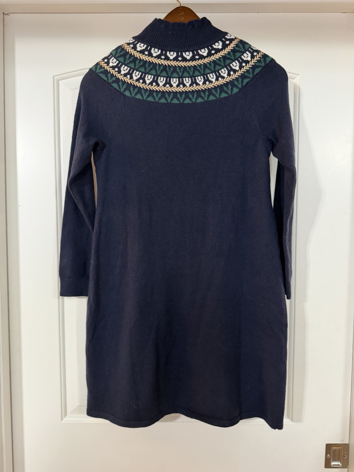 Talbots Fair Isle Embroidered Shift Sweater Dress Navy Fall Fashion Petite Small