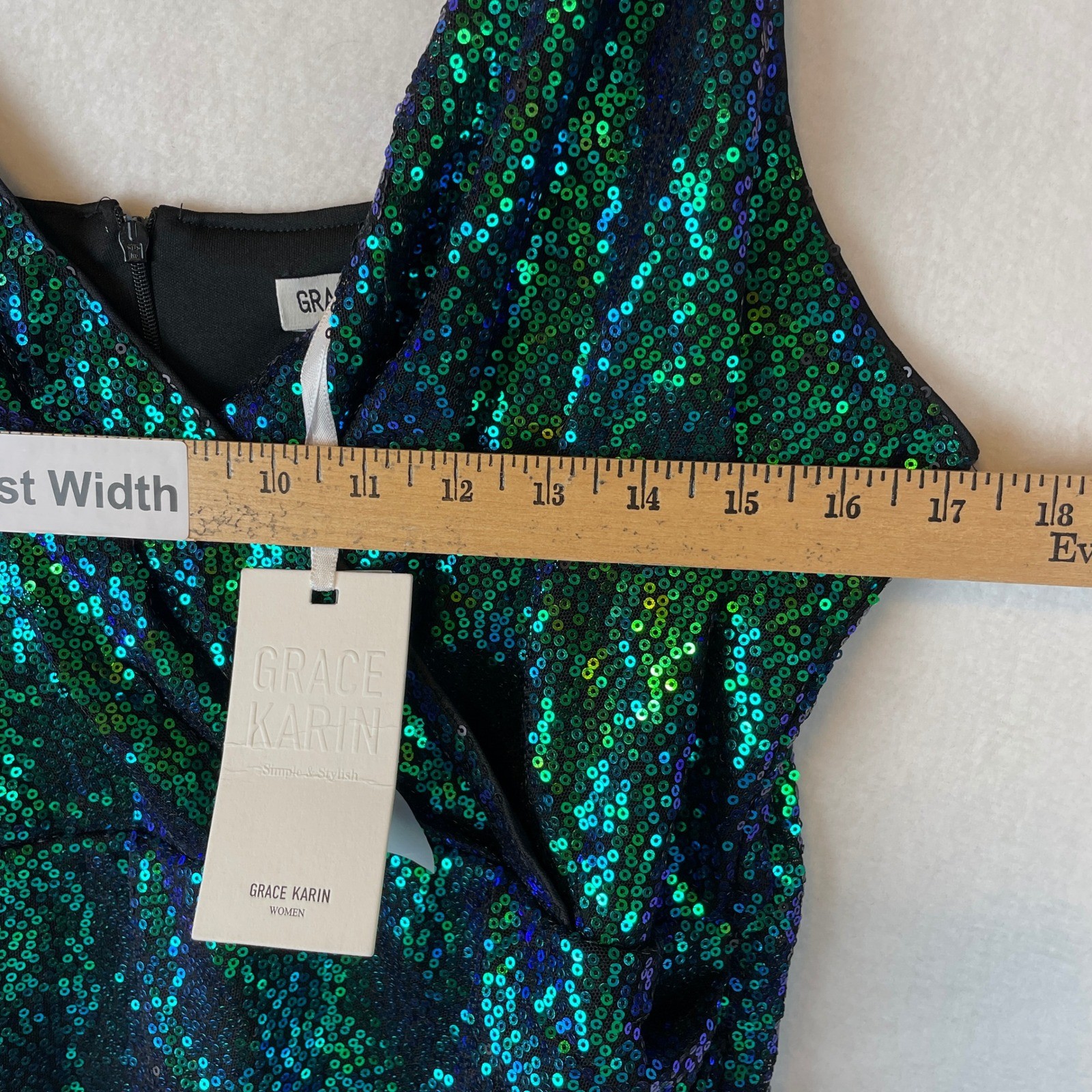 Grace Karin Green Sequin Ruched Cocktail Dress XL Iridescent Peacock Mini New