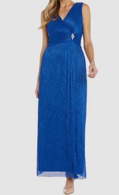 R&M Richards Womens Blue Shimmery Crinkle Jersey V-Neck Maxi Dress Size 18
