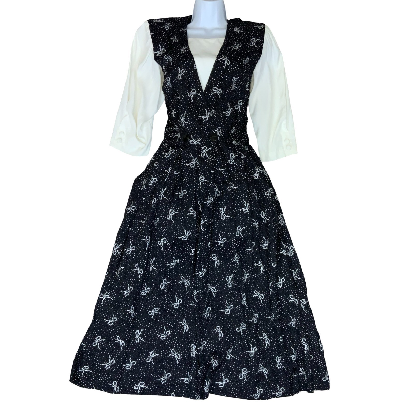 Vtg 80s 90s ‘R.J.Stevens’ Black White Bow Pattern Cottagecore Midi Dress UK 10