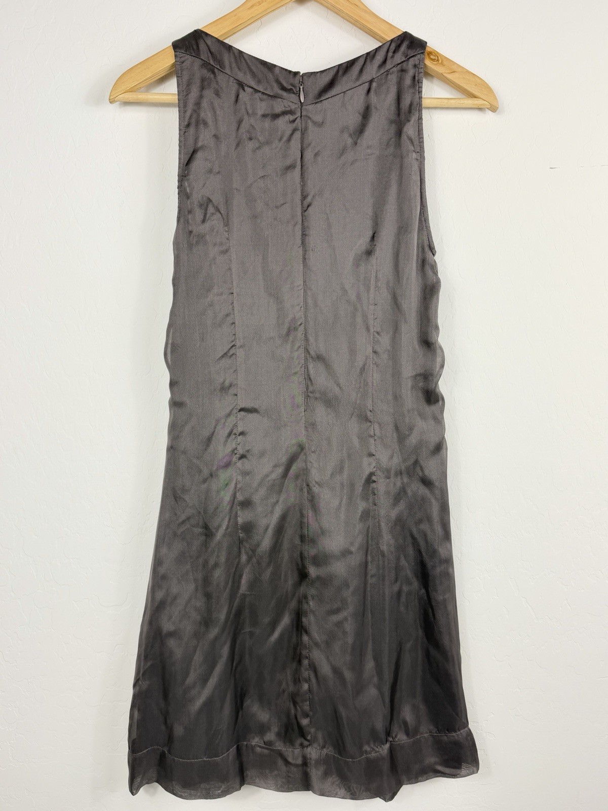 Bianca Nero Silk Shift Dress Gray Beaded Neck Sleeveless Sheer Overlay Size S