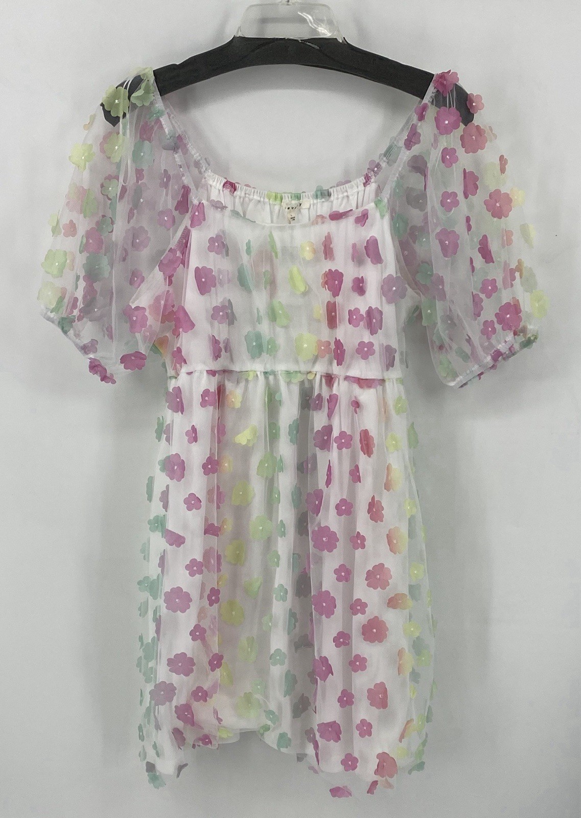 BaeVely White Baby Doll Dress Multicolor Sheer Floral Large Sheer Sleeve NWT