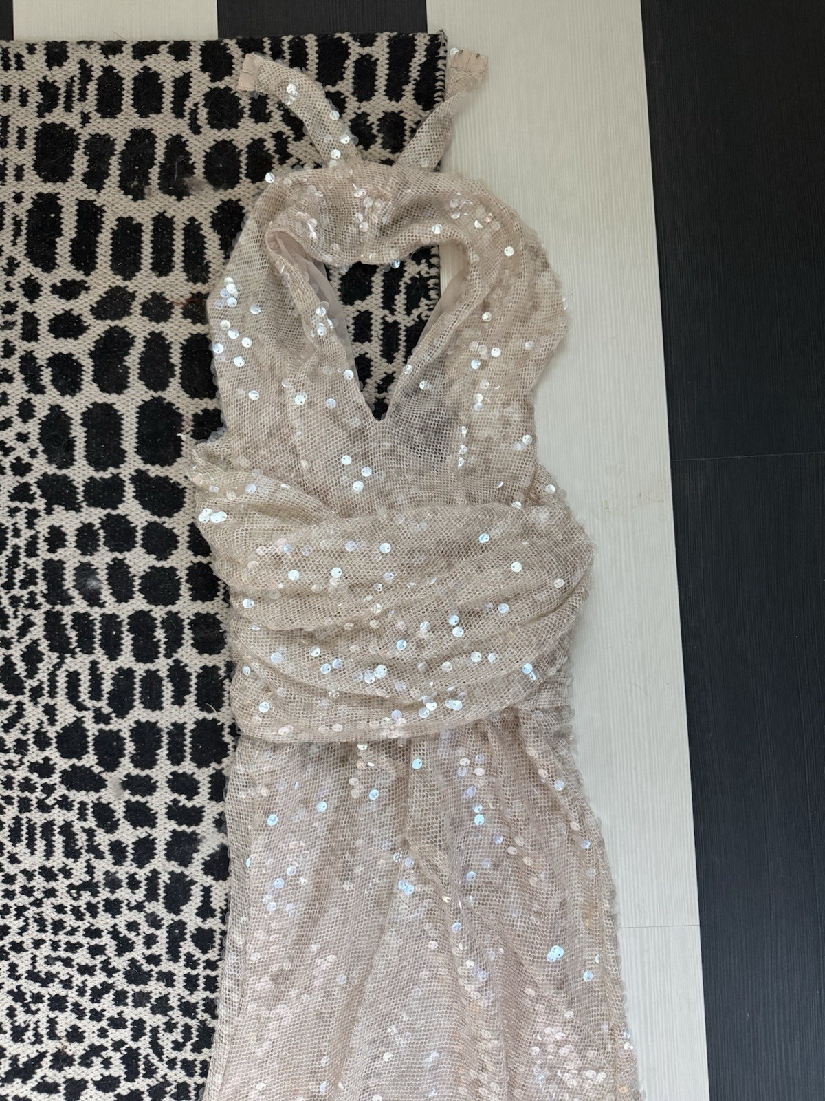 For Love & Lemons Beige Sequin Mesh V-Neck Sleeveless Maxi Dress S Lined