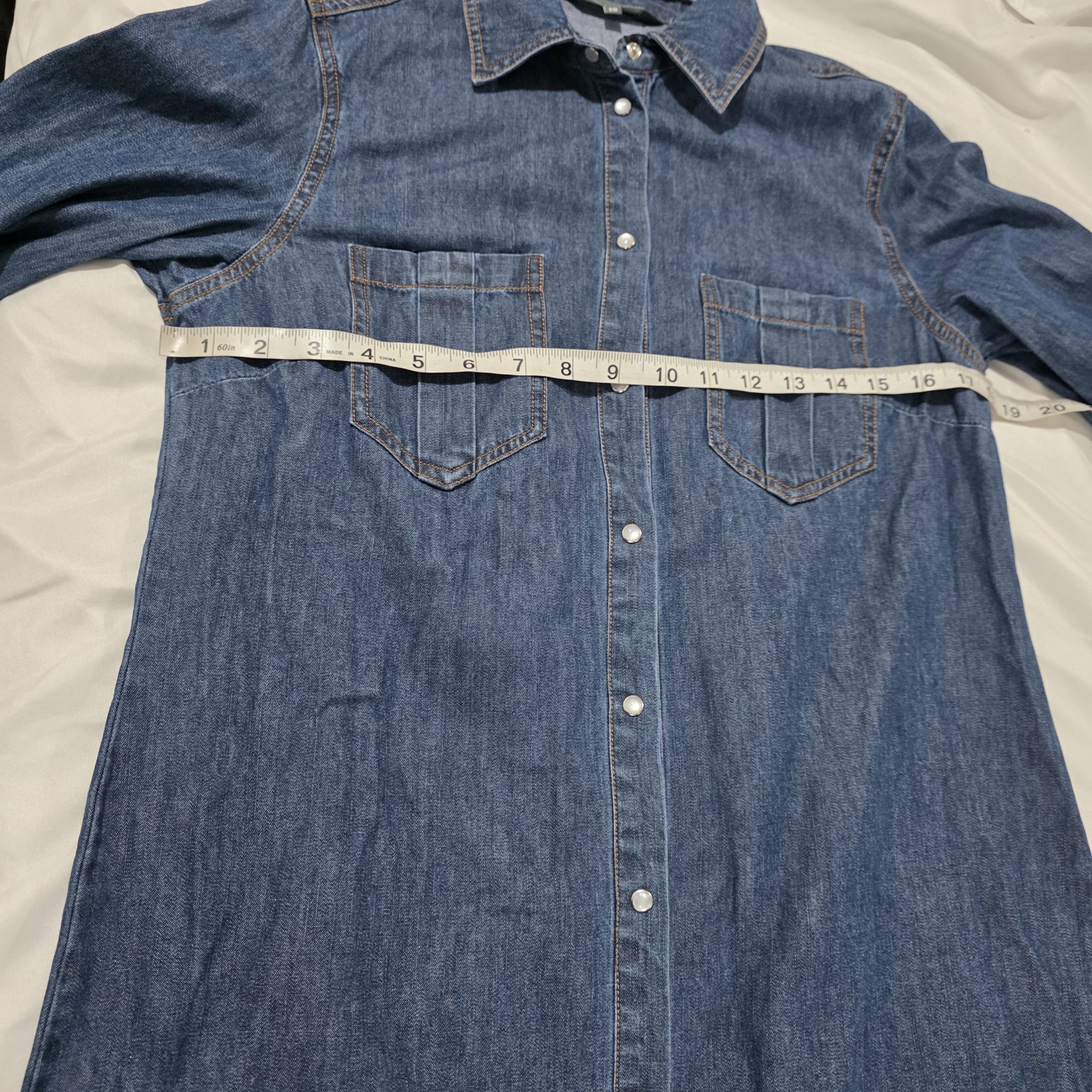 Womens Chambray Pearl Snap Mini Shirt Dress Size 10 Blue Cowgirl Roll Tab Sleeve