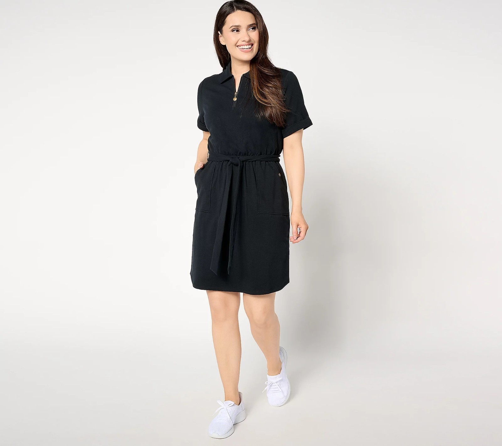 Sport Savvy Dress Size Large Petite French Terry Zip Front Short Sleeve Black