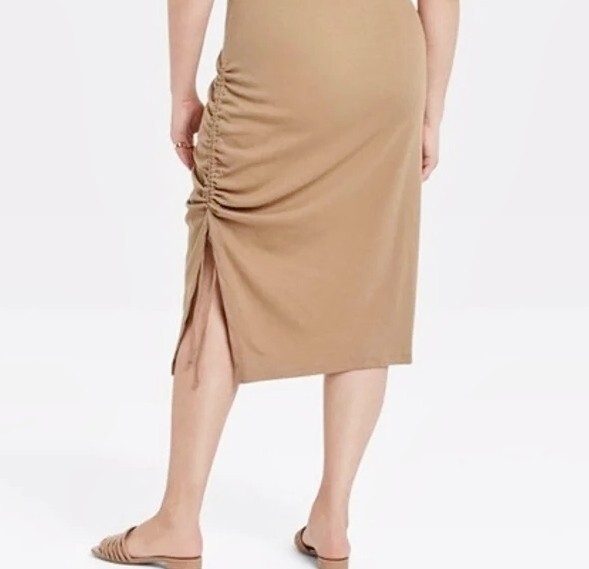 A New Day Womens Sleeveless Lt Brown Ruched Stretched Knit Dress 1X NEW/TAG