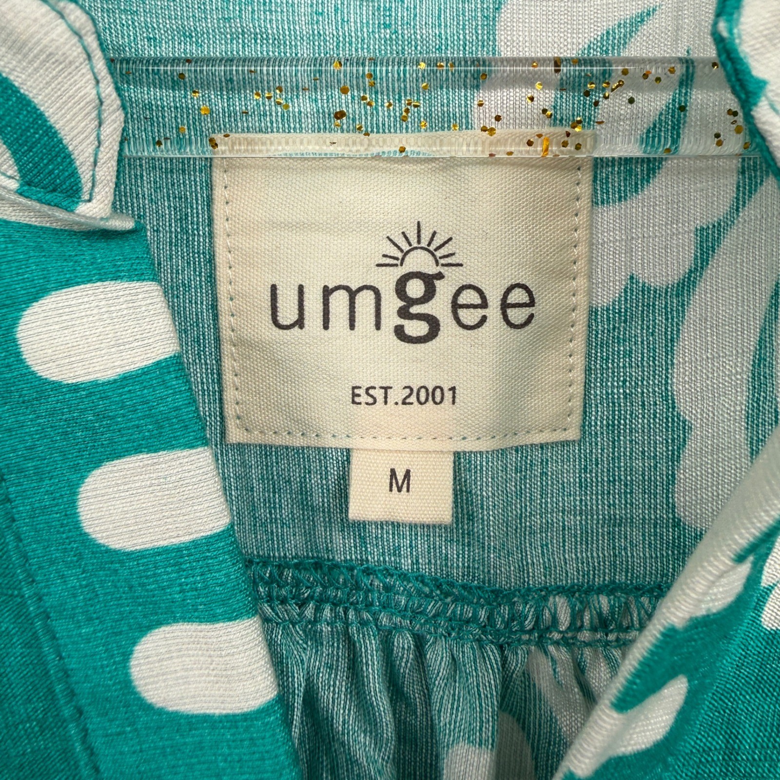 Umgee Dress Sz M Teal White Midi Damask Ikat Ruffle Sleeve Empire Waist Boho