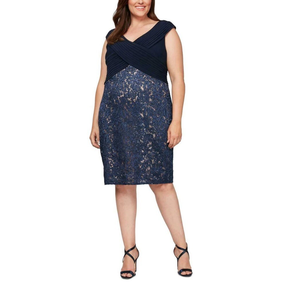 Alex Evenings Womens Plus 18W Navy Blue Lace Sheath Short Dress NWT CY81