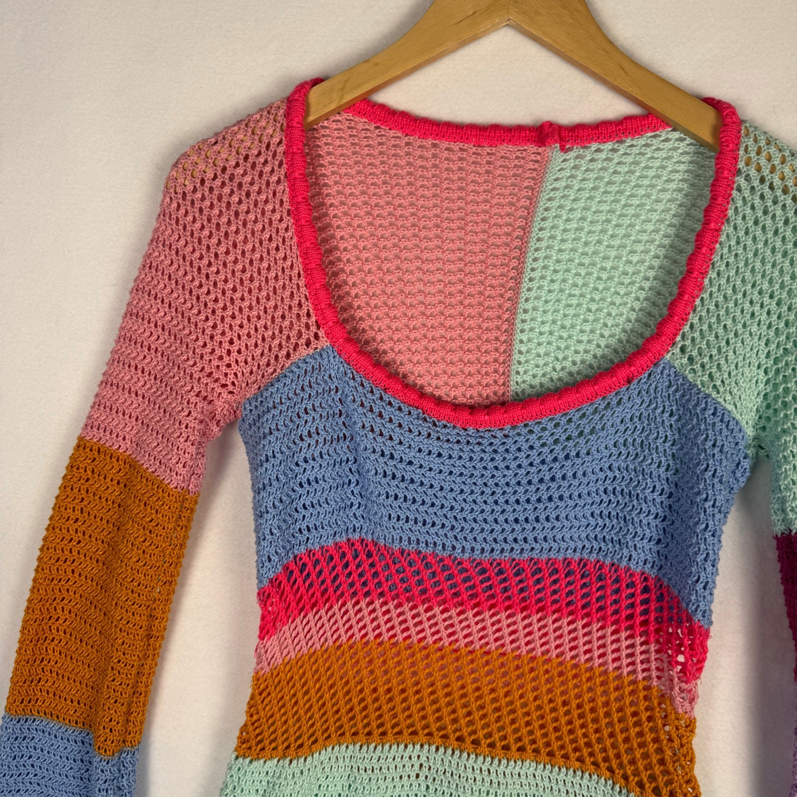 Multicolor Crochet Mini Dress Bell Sleeve Striped Open Knit Festival Boho M