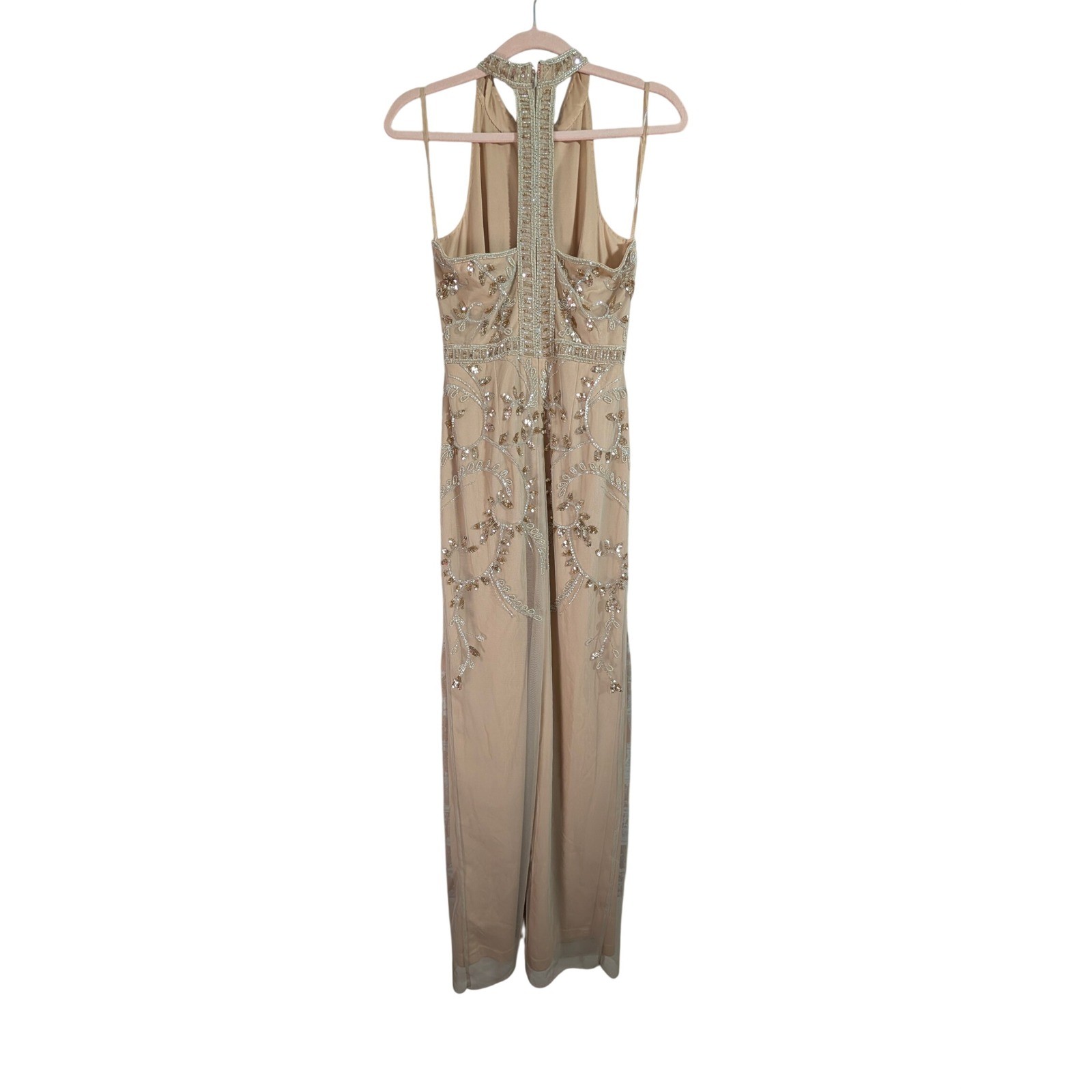 Papell Studio Beaded Sequin Halter Maxi Gown Womens 6 Tan Formal Evening Dress
