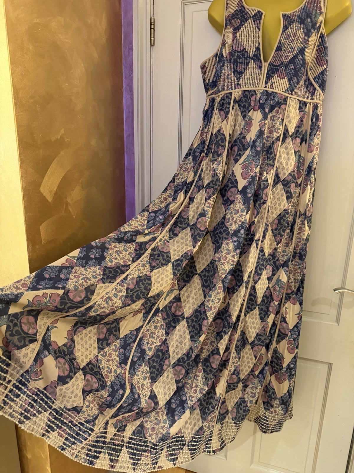 Vintage Indian 70s Afghan style boho quilted hippy dress M cotton harlequin maxi