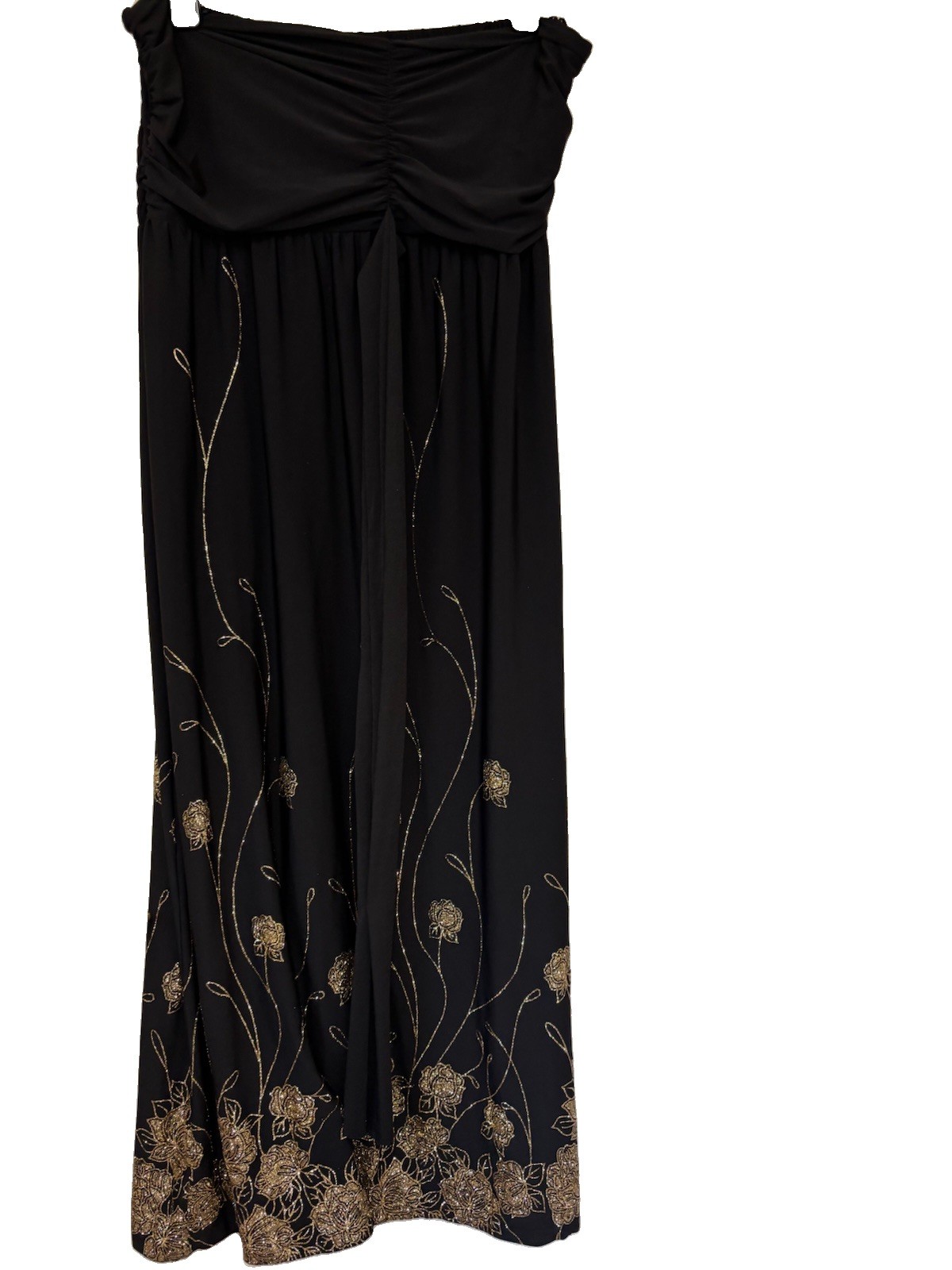 Roman Black Strapless Maxi Dress with Gold Glitter Design – Size 16