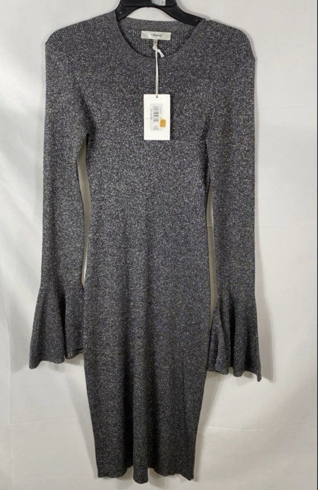 NWT FRAME Godet Lurex Metallic Ribbed Knit Bell Sleeve Midi Dress Size M $498