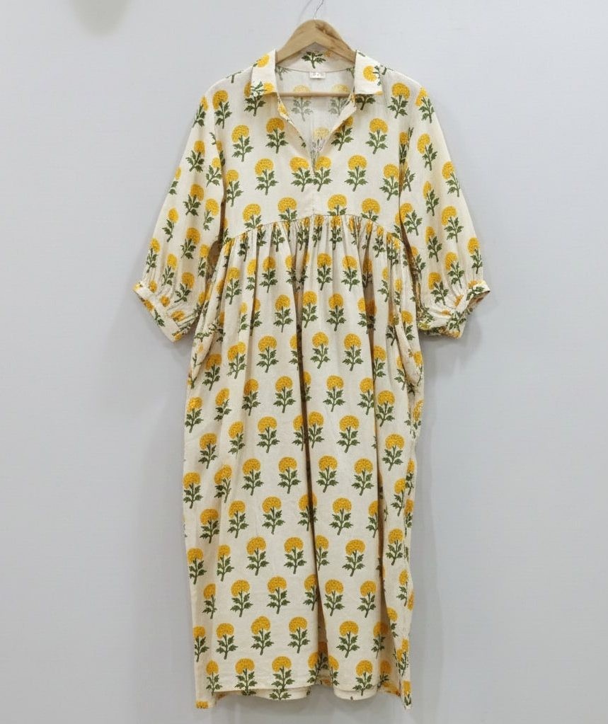 Cotton Hand Block Print Kyra Midi Dress Women Boho Floral Beach Wear