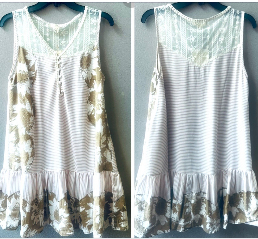 ANTHOPOLOGIE RYU LACE SLEEVELESS PINK PINSTRIPE FLORAL BLOCK RUFFLE HEM SZ.M~NWT