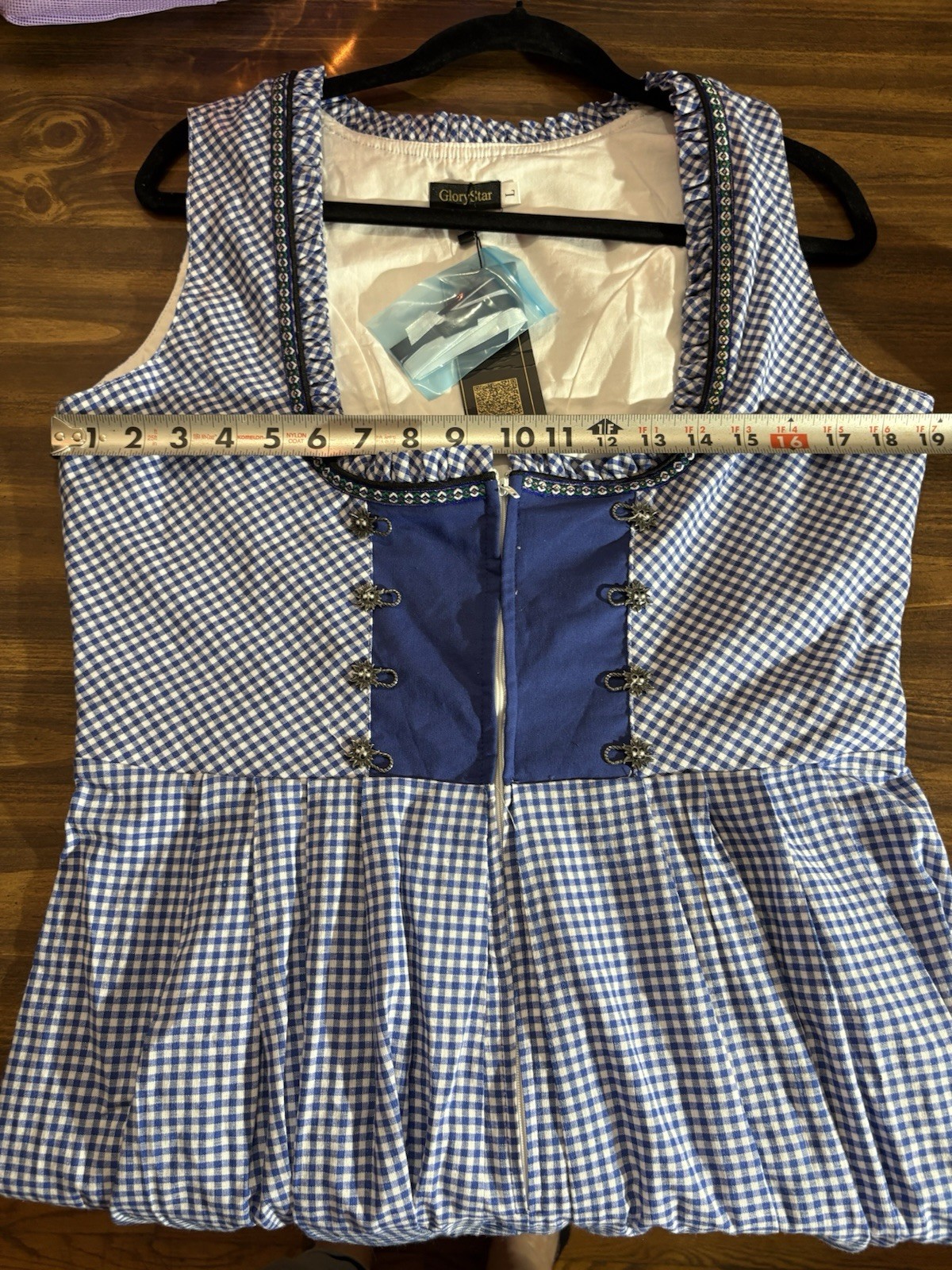 NWT GloryStar Gingham Blue Bavarian Dirndl Oktoberfest Dress Zip Up Lace Large