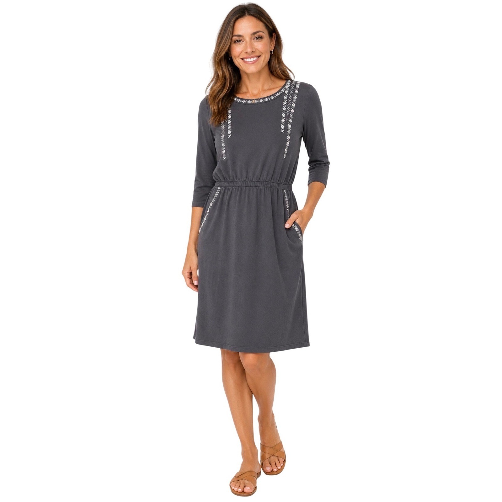 Garnet Hill Embroidered Tencel Lyocell Knit Dress Dark Gray Medium 3/4 Sleeve