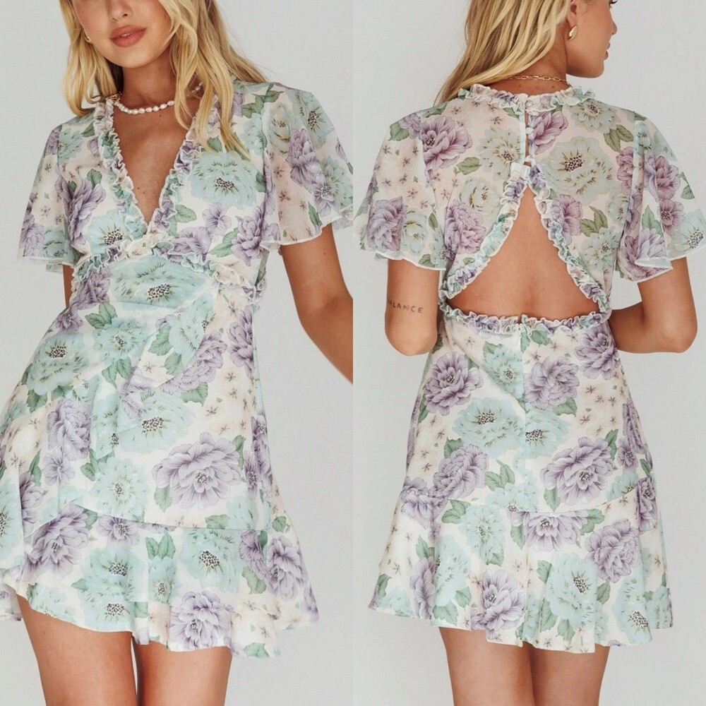 Saints + Secrets Floral Ruffle Open Back Mini Dress – S