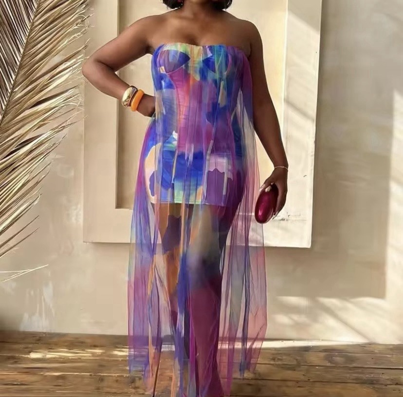 Women’s Multicolor Abstract Strapless Sheer Layered Chiffon Maxi Dress One Size