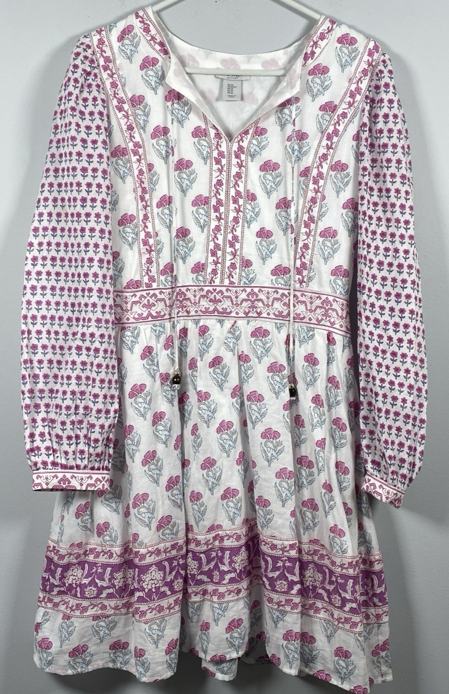 Haute Hippie Dress Womens XS White Pink Floral Mini Tie Neck Cottagecore Boho
