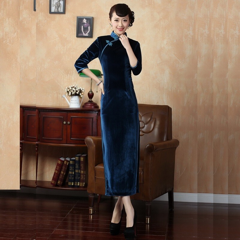 2024 Autumn Winter Velvet Qipao Dress Chinese Long Cheongsam Evening Party Gowns
