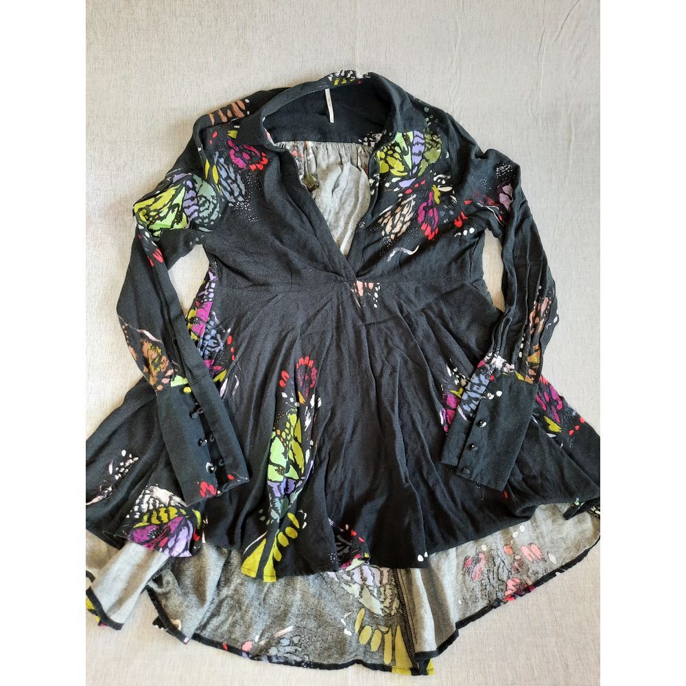 Free People Women’s XS Black Button Cuff Sleeves V-Neck Collar Babydoll Dress