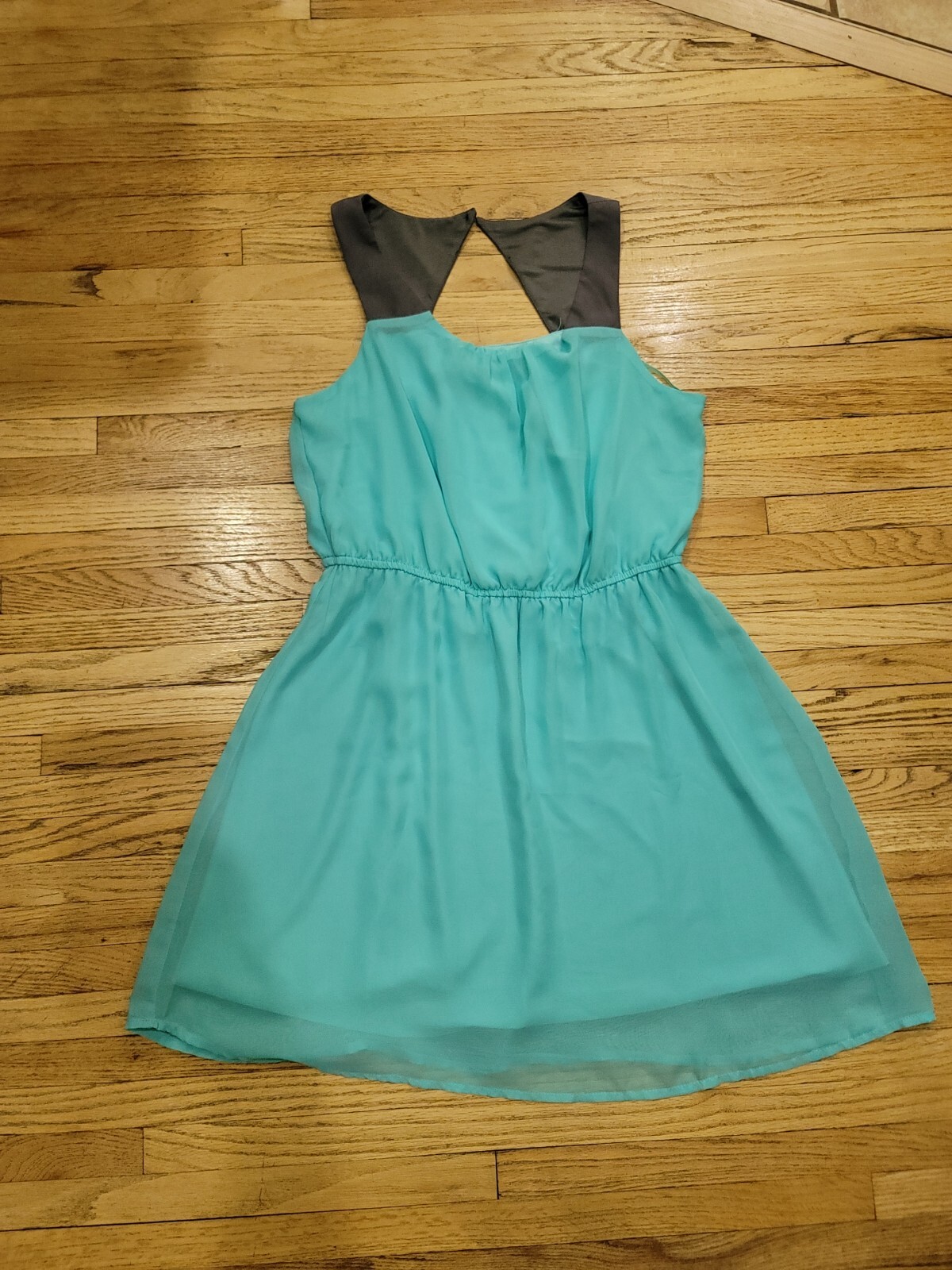 Xtaren Dress Women Medium Teal Grey Elastic Waist Casual Sundress Knee Length