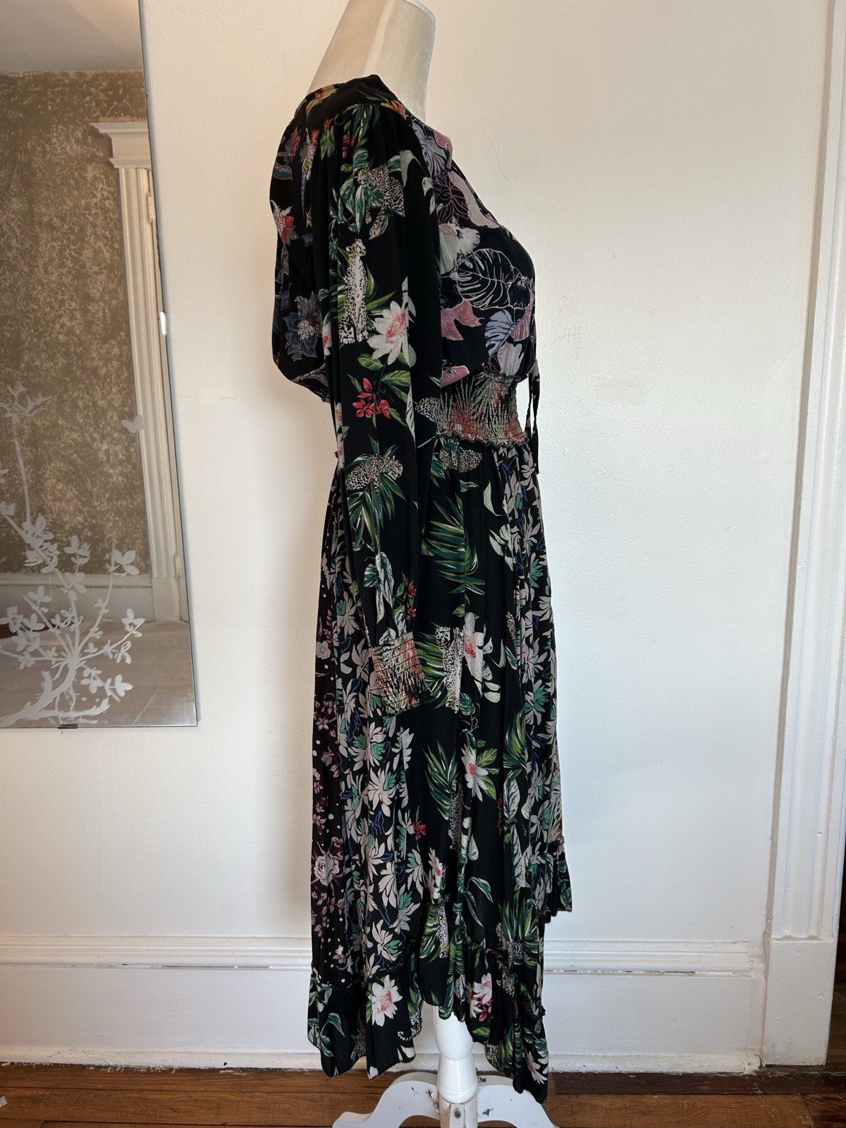 Sacred Threads Black Multicolor Floral Smocked Ruffle Tie A-Line Midi Dress L/XL
