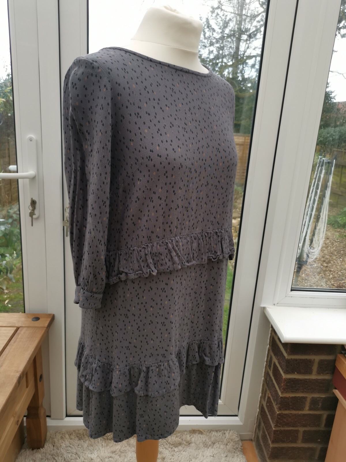 FatFace Copper And Black Grey Spot Ruffle Smock Dress Size 10