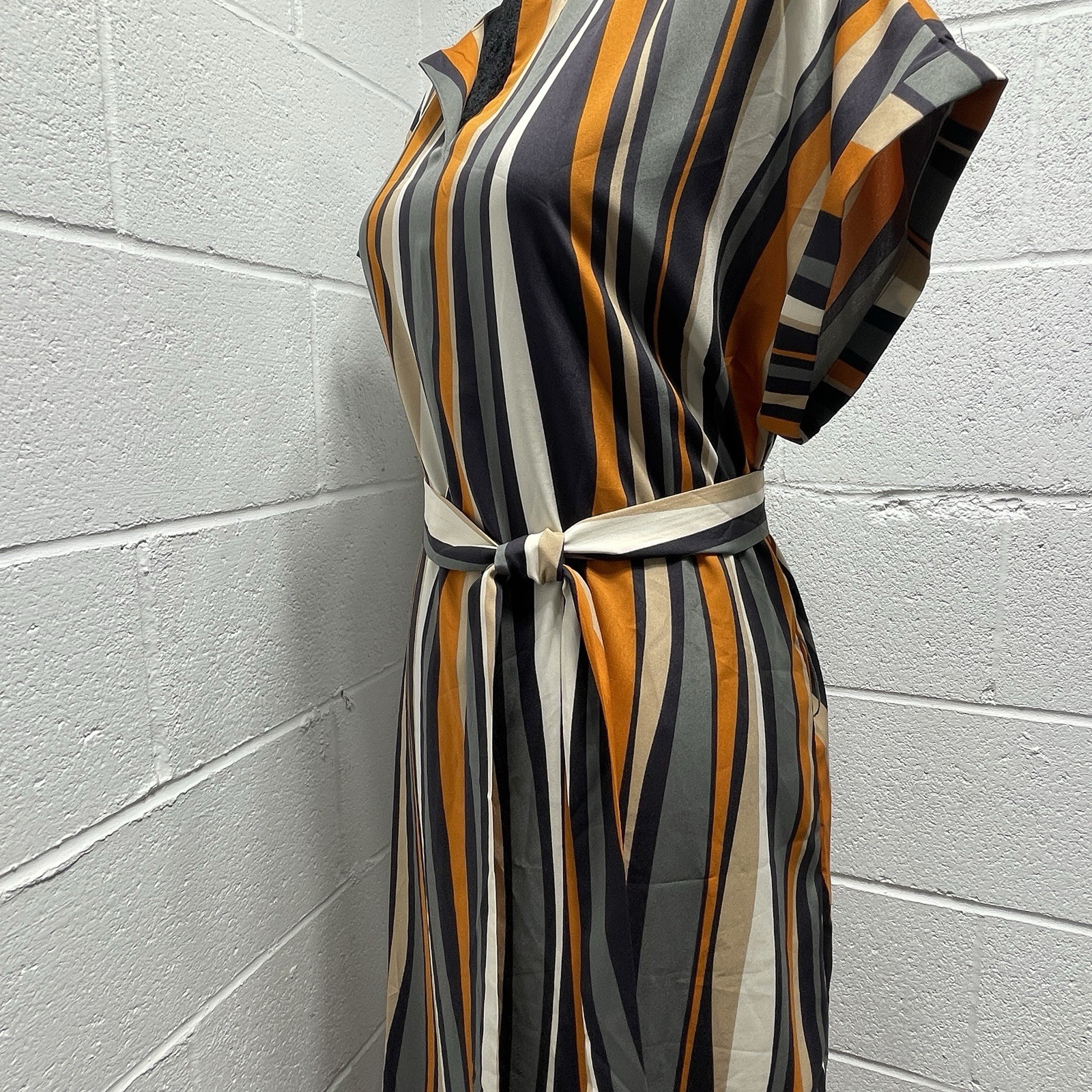 Emery Rose Notch Neck Striped Colorblock Belted Dress Sz Large