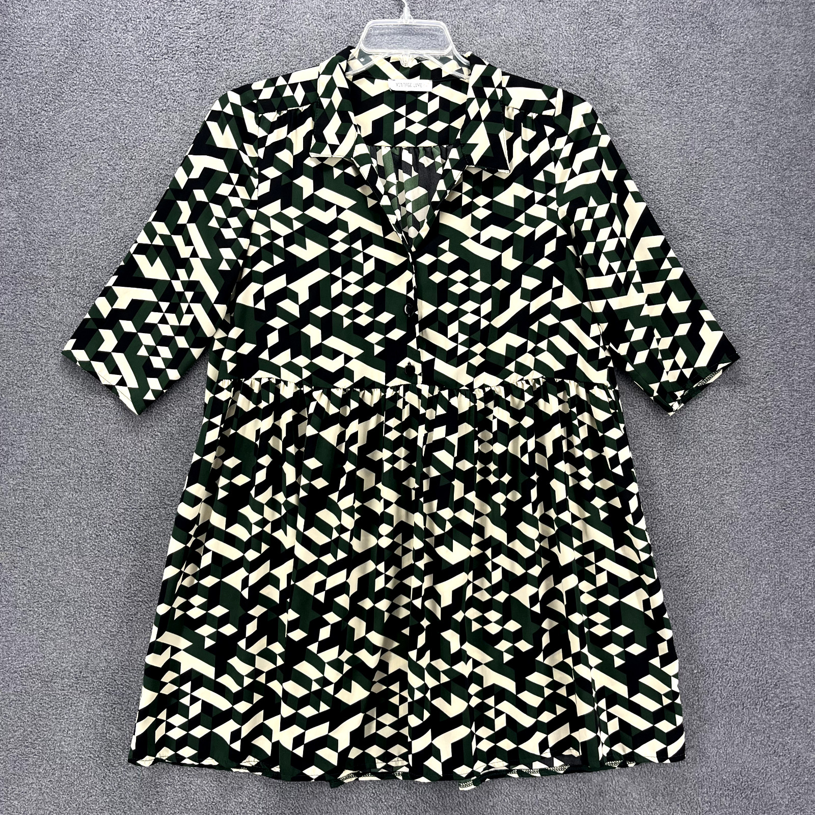Vintage Love Dress Womens Green Beige Shirt Geometric Oversized Button down