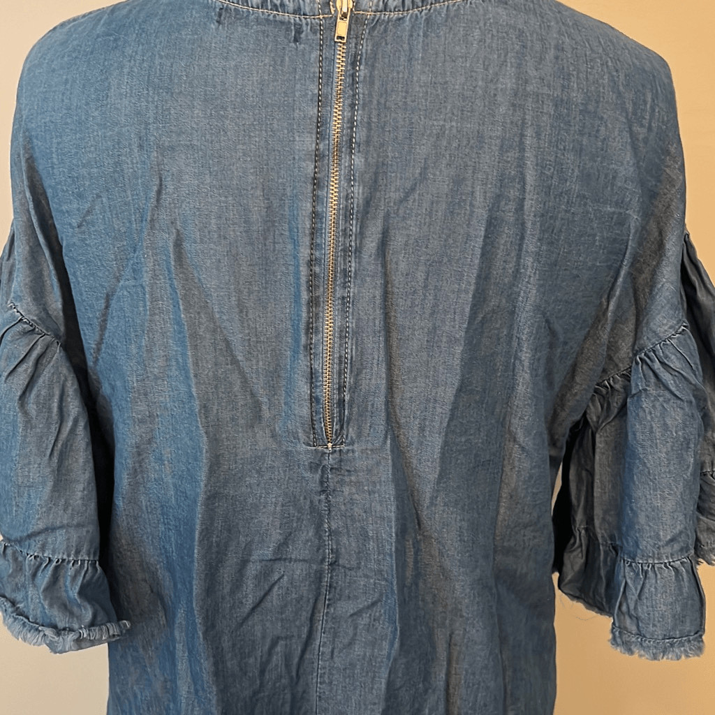 Style Envy Women’s Blue Chambray Ruffle Sleeve Frayed Shift Dress