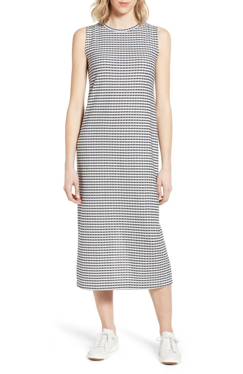 Lou & Grey Midi Dress XL Gingham Sleeveless Cotton Blend Navy Blue White