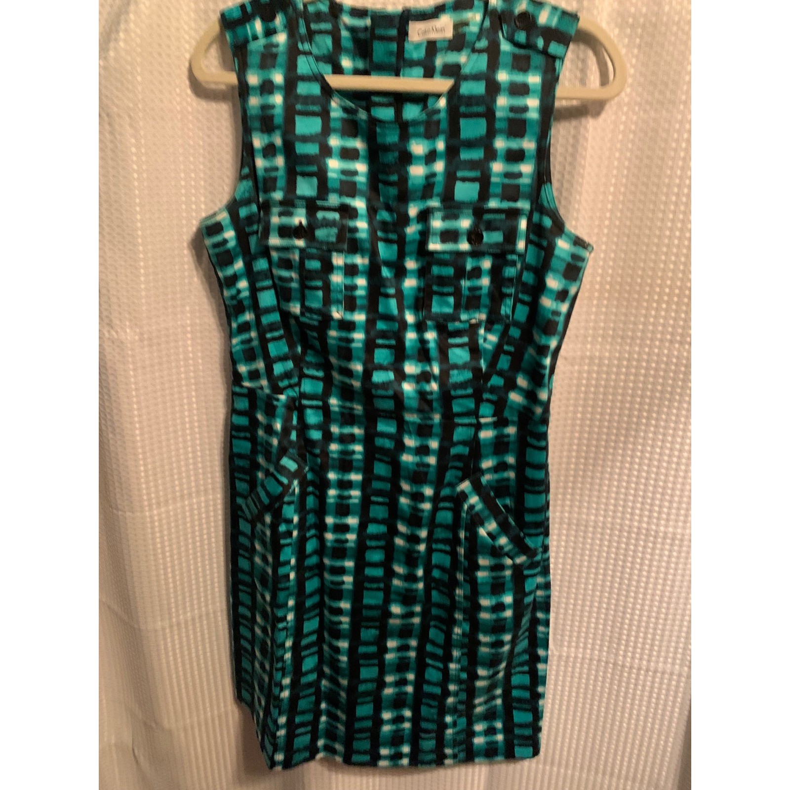 Calvin Klein Teal Black Geometric Grid Sleeveless Sheath Dress Size 12 Pocket