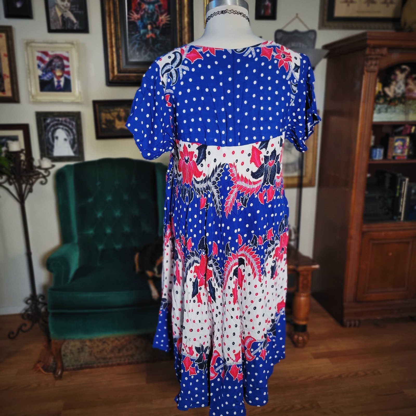 Vintage 80s Aladdin Batik Blue Floral Blue Polka Dot Midi Dress Women