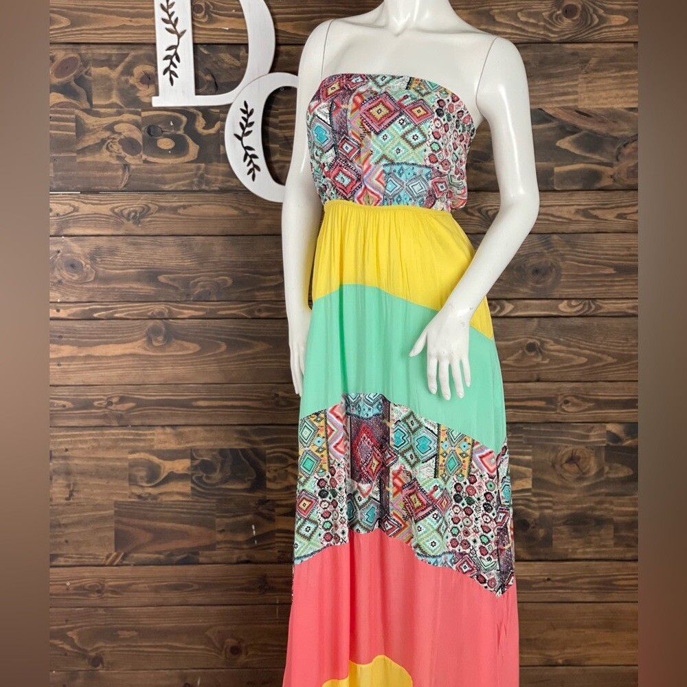 Xtaren | Multicolored Colorful Strapless Maxi Dress Patchwork Stripe Boho Indie